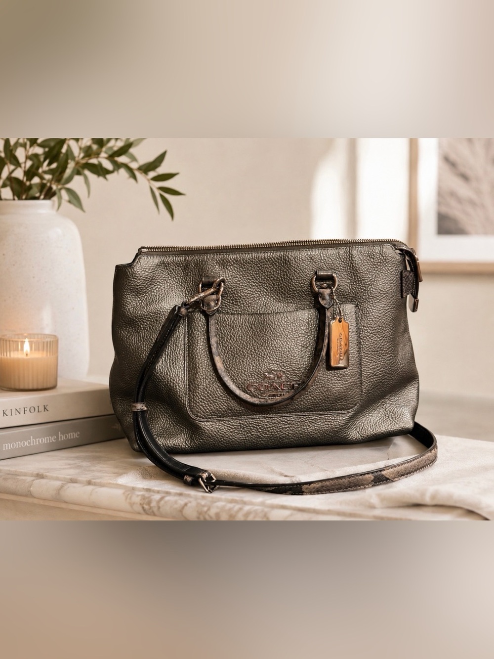 Coach Metallic Gray Leather Shoulder/ crossbody Emma Bag F38054